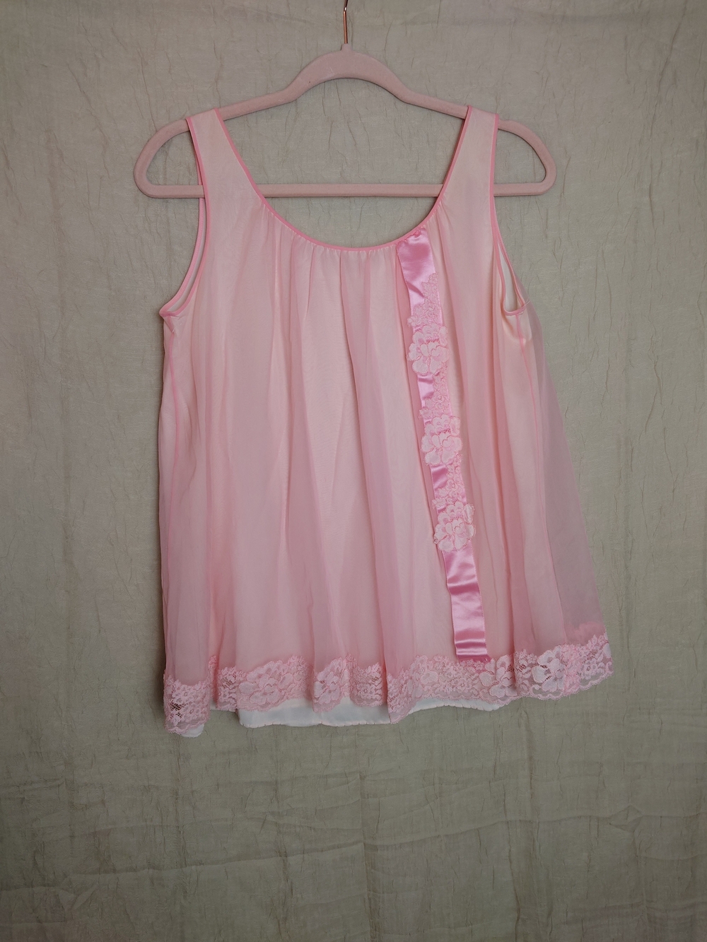 Vintage Shadowline Sheer Pink Lace-Trim Sleep Tank